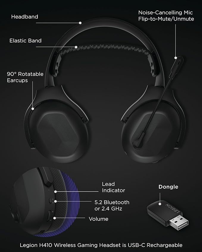 Lenovo Legion H410 Wireless Gaming Headset, Lightweight, Adjustable Headband - Image 8