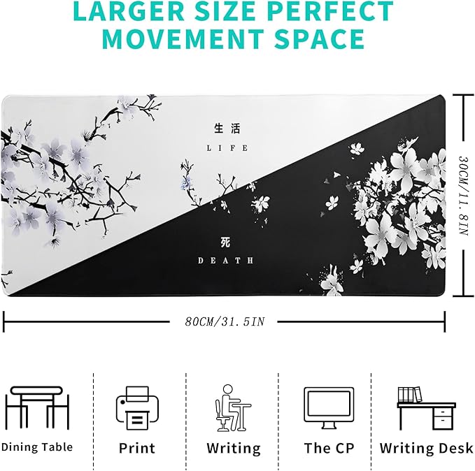 Black and White Japanese Cherry Blossom Gaming Mouse Pad Sakura Death Life - Image 2