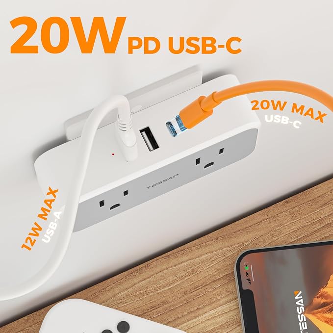 20W PD Surge Protector Outlet Extender, TESSAN Multi Plug Splitter - Image 3