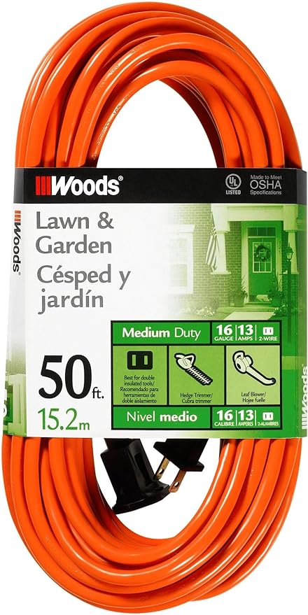 Southwire Woods 50ft Outdoor Extension Cord – Bright Orange, 16/2 Two-Prong – by Woods