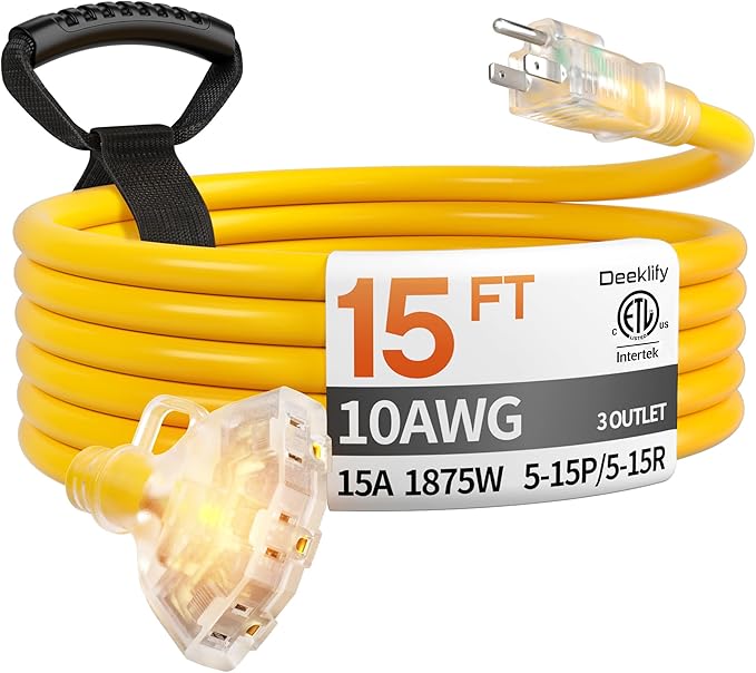 15 ft 10 Gauge Heavy Duty 3 Outlet Extension Cord Splitter by Deeklify