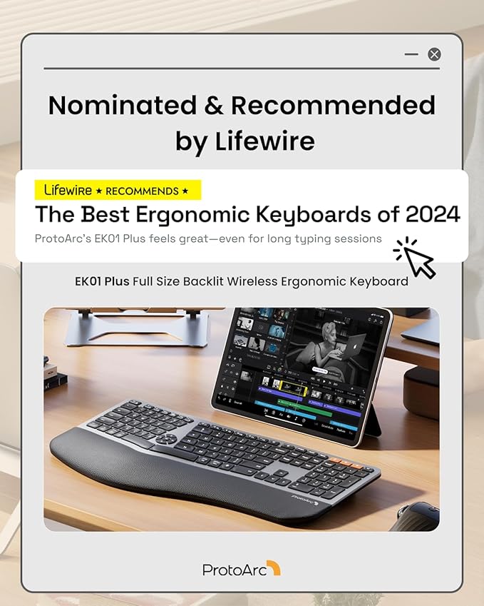Backlit Bluetooth Ergonomic Keyboard, ProtoArc EK01 Plus Full Size Wireless - Image 6