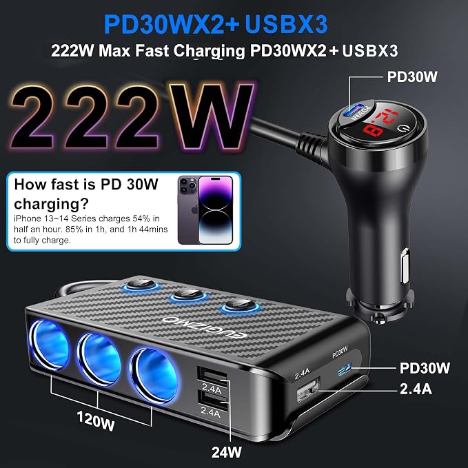 Cigarette Lighter Adapter, 222W 3 Socket Car Cigarette Lighter Plug USB Charger - Image 2