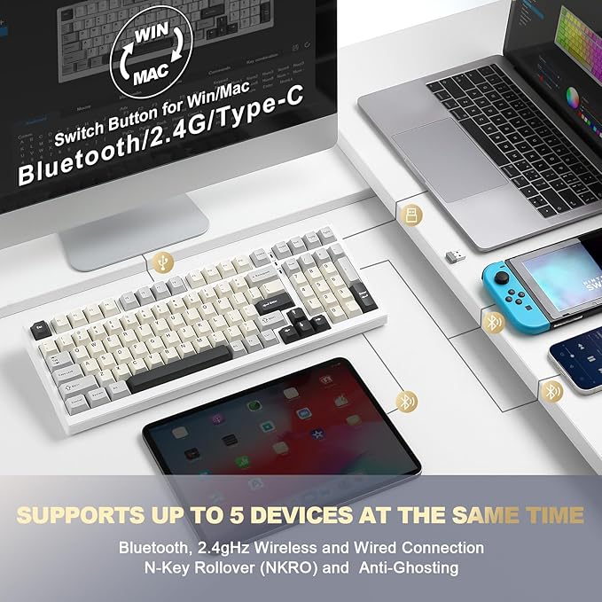 YUNZII YZ98 Gasket Mechanical Keyboard, 99 Key Hot Swappable BT5.0/2.4G/USB-C - Image 5