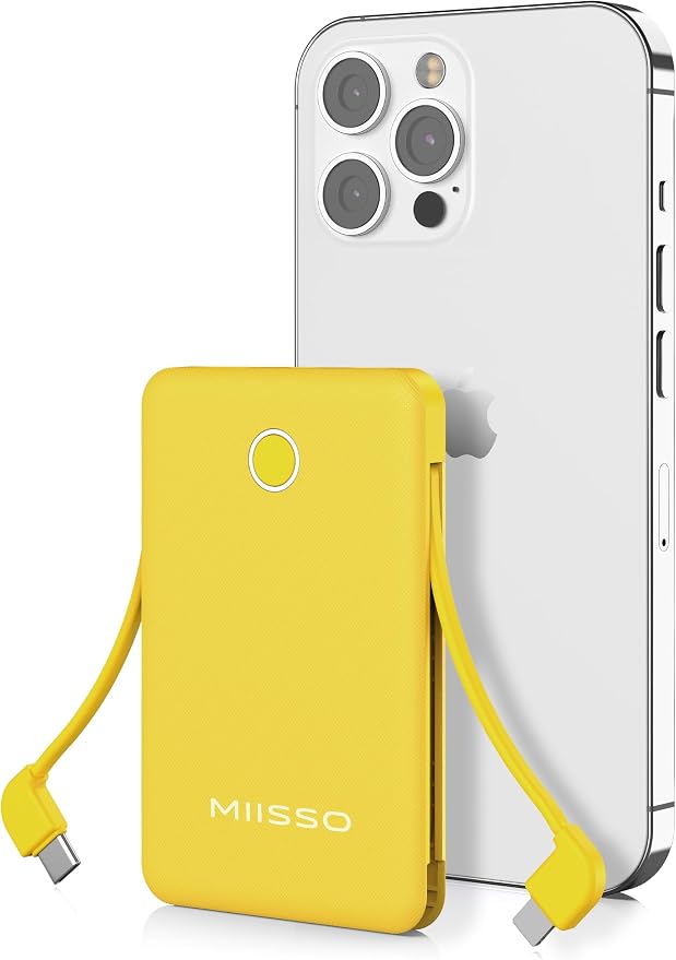 6000mah Ultra Slim Built in Cables Power Bank, Card Size Built in USB C Cords by MIISSO