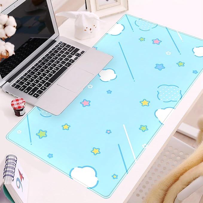 Kawaii Pastel Blue Star Grid Desk Pad, Large Gaming Mousepad & Keyboard Mat - Image 6