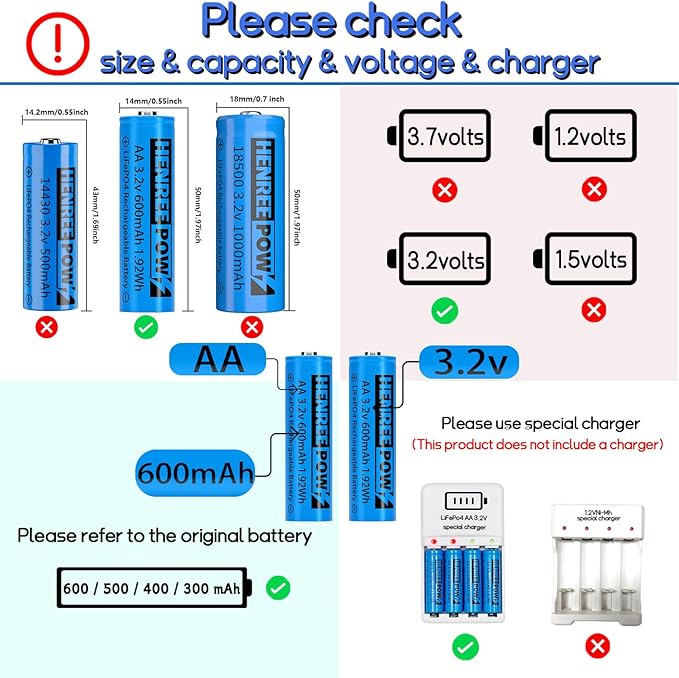 Henreepow AA 3.2v Solar Rechargeable Batteries, LiFePo4 Double A 600mAh 3.2v - Image 6