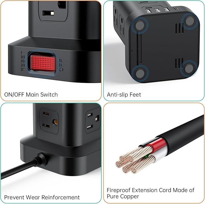PD 20W USB C Surge Protector, Mini Power Strip Tower Travel 12 AC 4 USB Power - Image 6