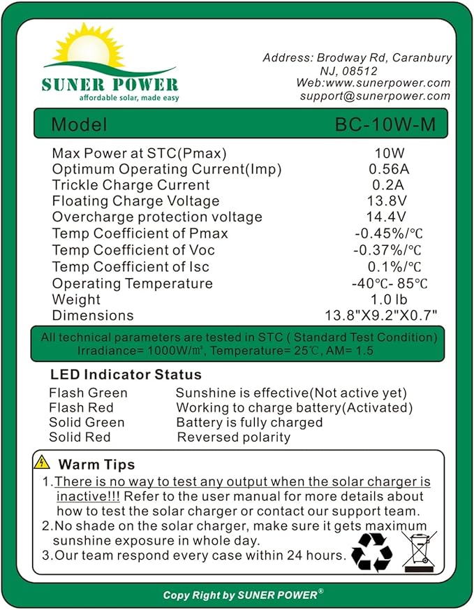 SUNER POWER 10W 12V Solar Battery Charger Maintainer, Built-in Smart MPPT - Image 5
