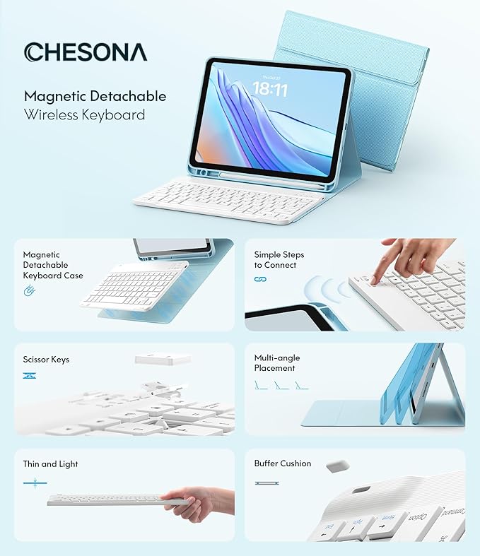 CHESONA Keyboard Case for iPad 11th/10th Generation, Detachable Wireless - Image 3