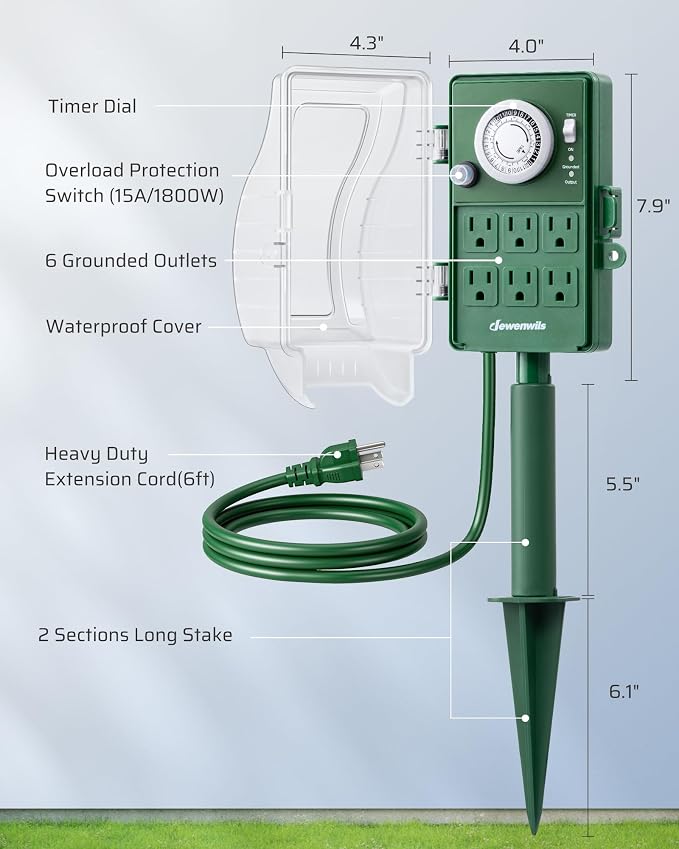 DEWENWILS Heavy Duty Outdoor Power Stake Timer, 24-Hour Mechanical Timer - Image 6