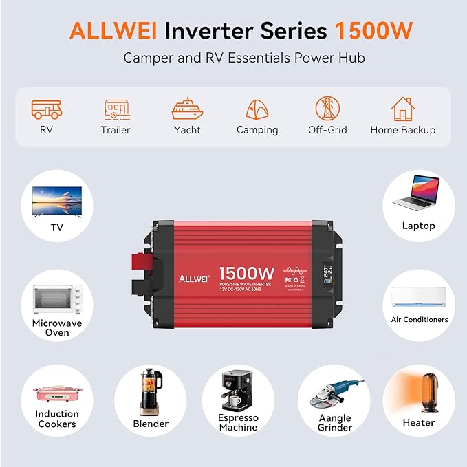 ALLWEI 1500W Pure Sine Wave Inverter 12V DC to 110V/120V AC Converter, Surge - Image 2