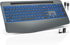 Wireless Keyboard with 7 Colored Backlit, Wrist Rest, Phone Holder, by Trueque