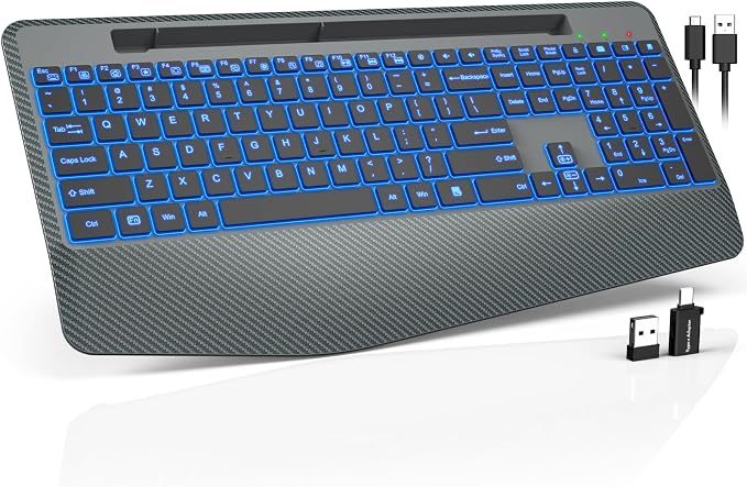 Wireless Keyboard with 7 Colored Backlit, Wrist Rest, Phone Holder, by Trueque