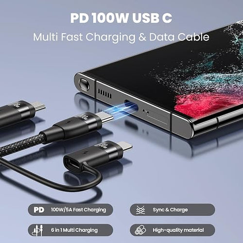 100W USB C Multi Charging Cable, USAMS 6.6FT 5-in-1 5A Fast Sync Charger - Image 2