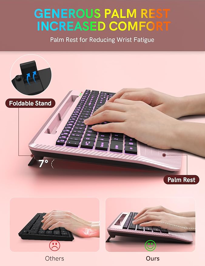 Wireless Keyboard with 7 Colored Backlits Wrist Rest, Phone Holder, - Image 3