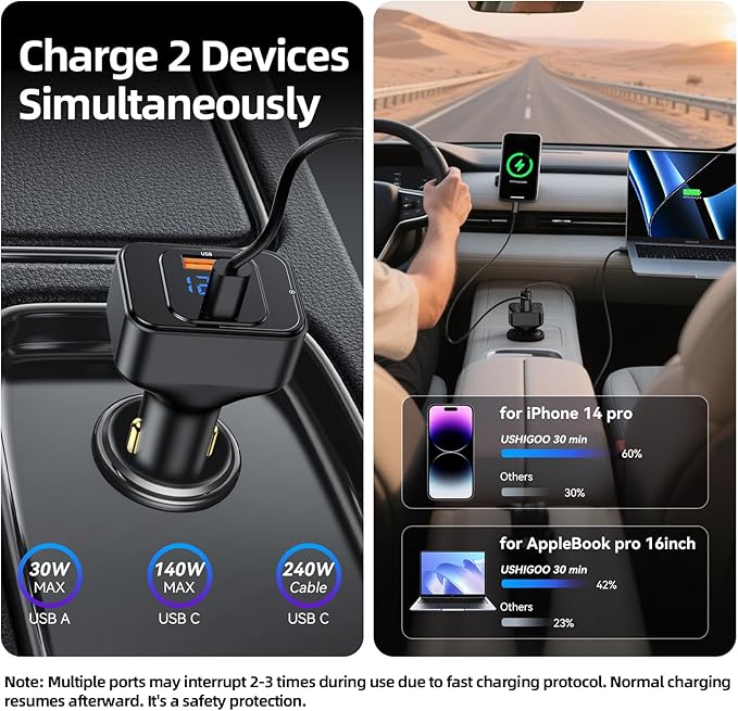 170W PD3.1 Car Charger with LED Voltage Display, USB-C Cigarette Lighter - Image 3