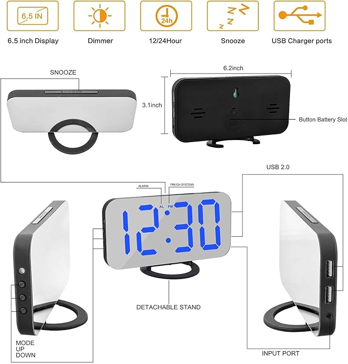 Digital Alarm Clock, Mirror Surface LED Electronic Clocks, - Image 6