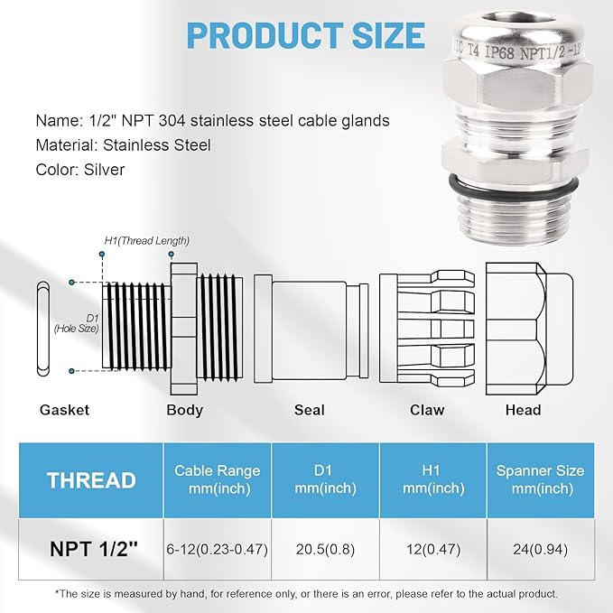 NPT 1/2" Stainless Steel Waterproof Cable Gland IP68 Waterproof Cable Gland - Image 2