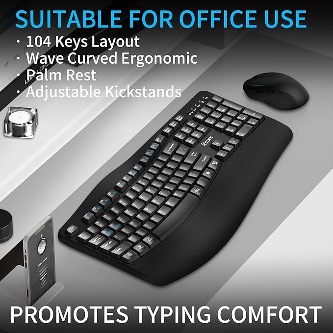 Wireless Keyboard and Mouse Combo, Full Size Wave Keys Ergonomic 2.4G Keyboard - Image 2