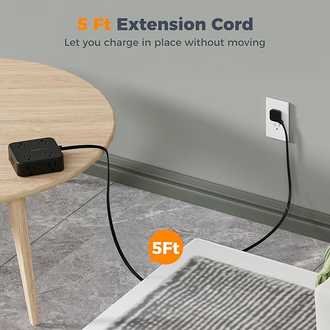 TESSAN Surge Protector Flat Plug Power Strip, 8 AC Outlets, 3 USB Charger 3 - Image 3