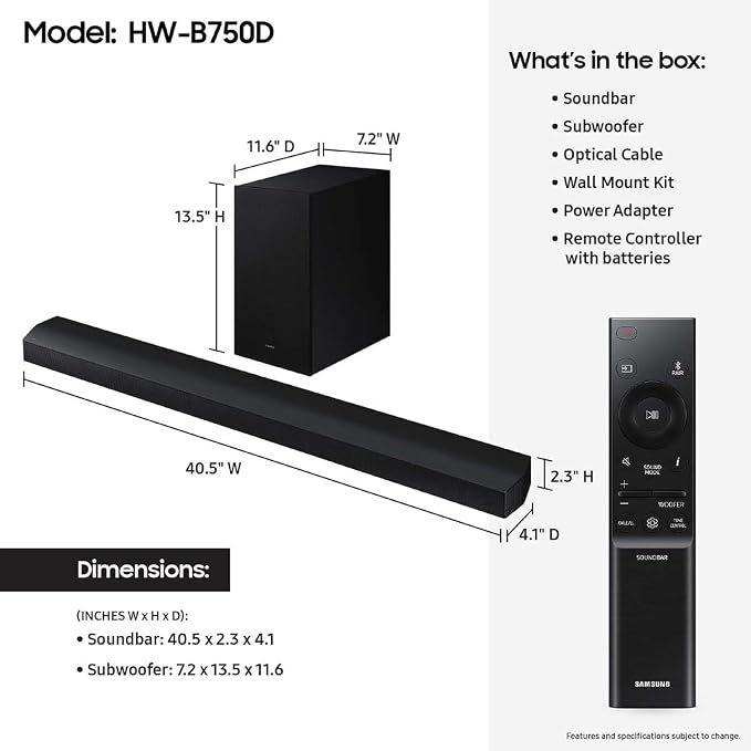 Samsung HW-B750D/ZA 5.1 ch Soundbar w/ Dolby Audio, Surround Sound expansion - Image 2