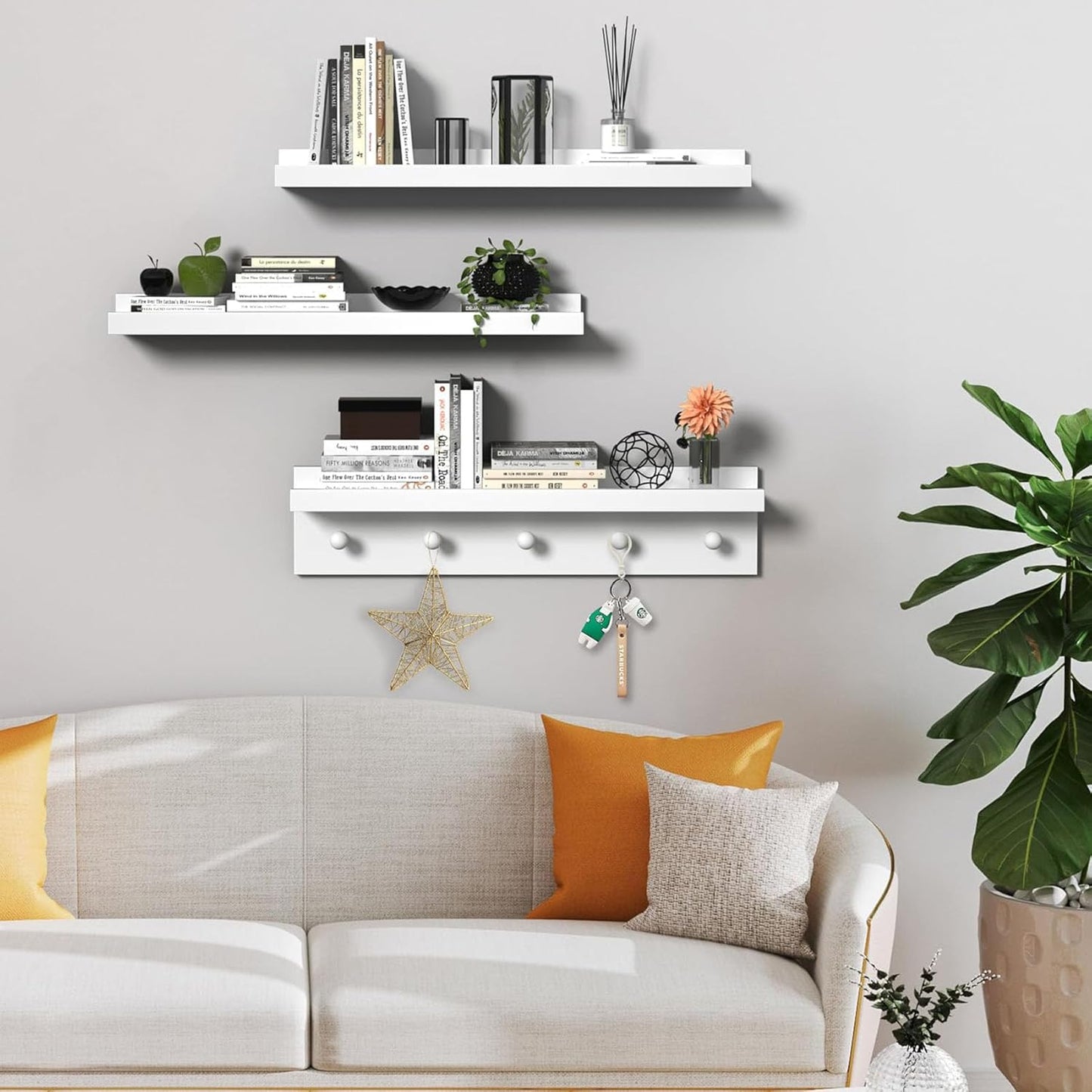 MBYD Picture Shelf Ledge, 24 Inch Floating Shelves for Wall, Nursery Book Shelves with Hooks Set of 3, Floating Shelf Wall Mounted for Bathroom,Kids Room, Living Room, Kitchen Bedroom White