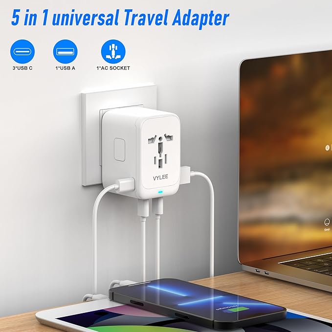 VYLEE Travel Plug Adapter, 65W Fast GaN Travel Charger, International Plug - Image 3