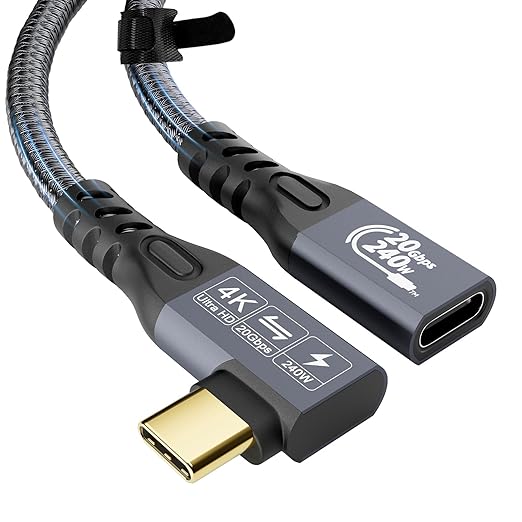 CABLEDECONN USB C 3.2 Gen-2 Extension Cord 2M 6.6FT 90 Degree Elbow Thunderbolt by CABLEDECONN