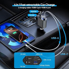 66W Retractable Car Charger, CarCharger Fast Charging 4 in 1 Car Phone Charger - Image 3