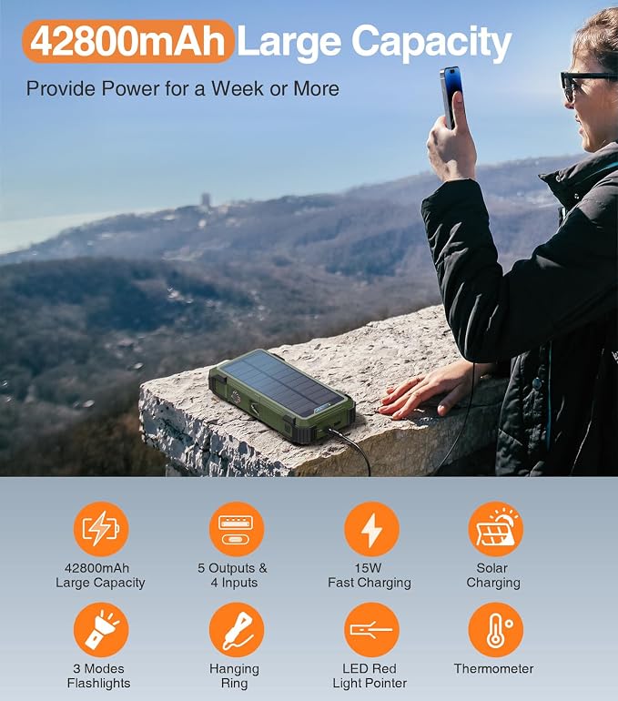 Army Green Solar Power Bank 42800mAh, 15W Wireless Portable Charger - Image 5