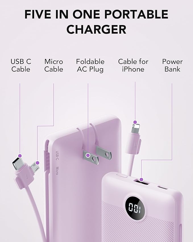 VRURC Portable Charger Built-in Cables and AC Wall Plug, USB C Power Bank - Image 9