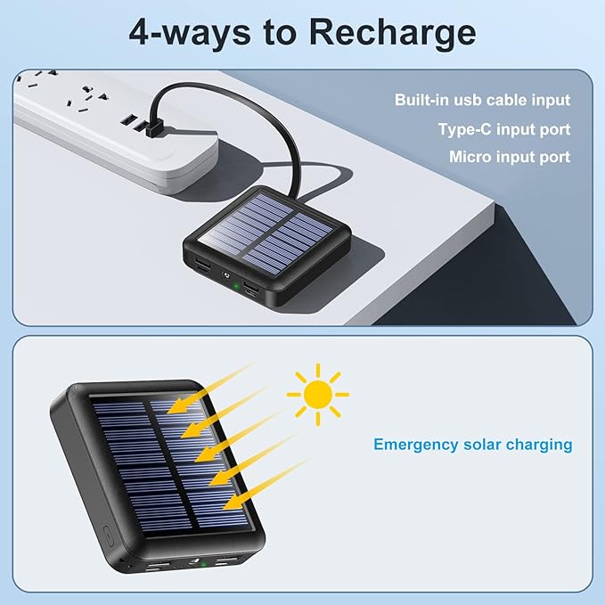 Solar Power Bank 12000mAh, Small Solar Charger Built in 4 Cables, USB C - Image 6