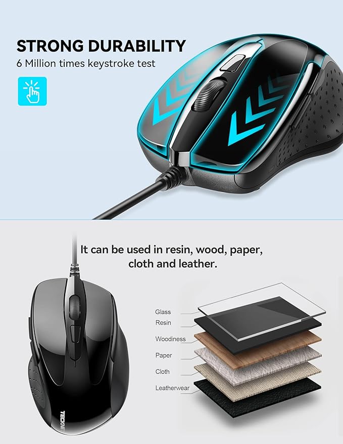 TECKNET USB Wired Mouse, 6-Button Corded Mouse - Image 3