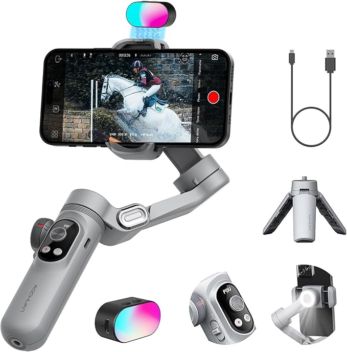 Gimbal Stabilizer for Smartphone, RGB Magnetic Refill Light Set, OLED Display by AOCHUAN