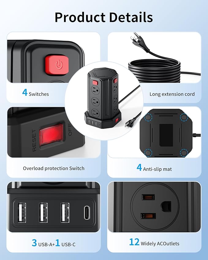 Power Strip Surge Protector, 6.5 Ft Extension Cord - Image 2
