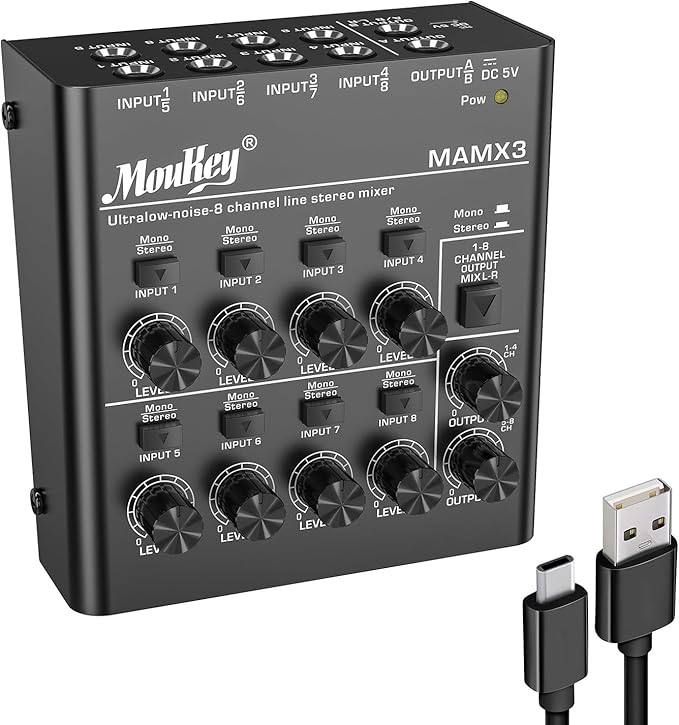 Moukey Audio Mixer, DC 5V, 8 Stereo Ultra, Low Noise 8 Channel Line Mixer by Moukey