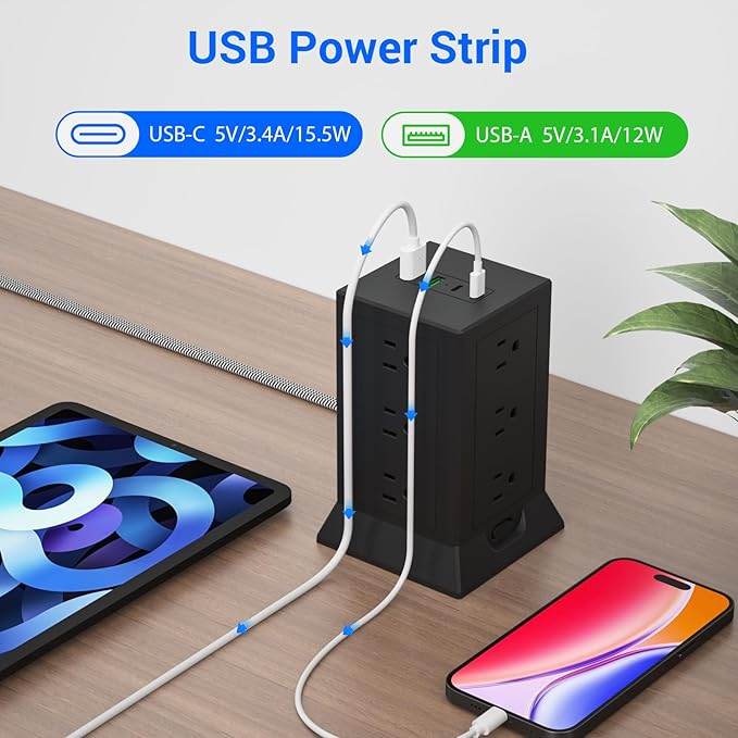 Power Strip Tower with Multiple Outlets 16.5 Ft Extension Cord Flat Plug with - Image 4