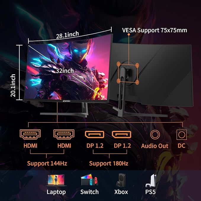 SANSUI 32-Inch Curved Gaming Monitor WQHD 2560 x 1440 180Hz Curved 1500R -1ms - Image 4