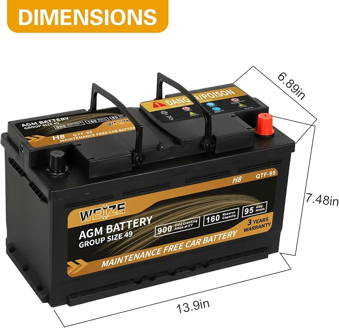 Weize Platinum AGM Battery BCI Group 49-12v 95ah H8 Size 49 Automotive Battery - Image 2