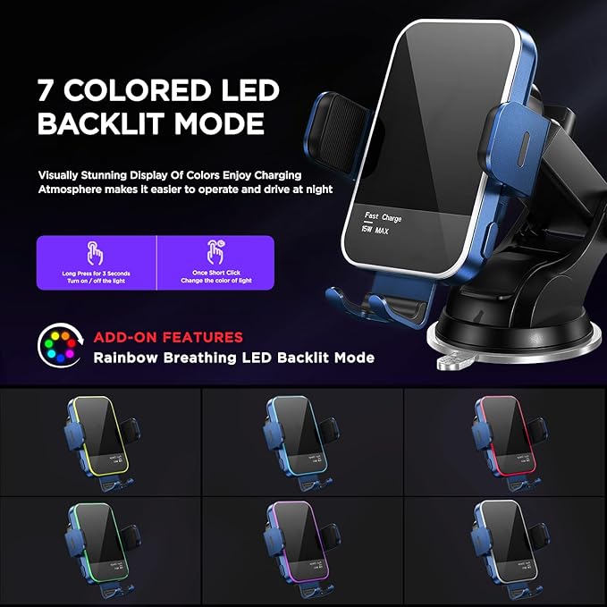 Wireless Car Charger, 【7 Colored LED Backlit】15W Auto Clamping Car Charger - Image 2