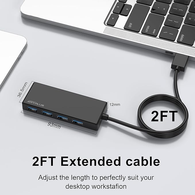 USB Hub, 2 ft Long Cable USB 3.0 Hub, USB Extender - Image 4