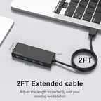 USB Hub, 2 ft Long Cable USB 3.0 Hub, USB Extender - Image 4