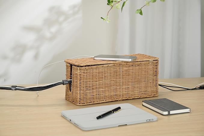 PEMAR Natural Rattan Wicker Cable Management Box, Cable Organizer, 2 Open Slots - Image 2