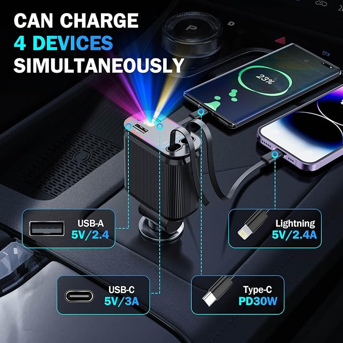 Car Charger with Starlight, 66W USB C Fast Car Charger Adapter, 4 in 1 - Image 4