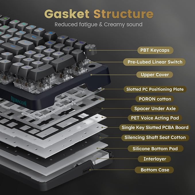 Redragon Wireless Mechanical Keyboard, 3 Mode Gasket Mounted RGB Gaming Keyboard - Image 4