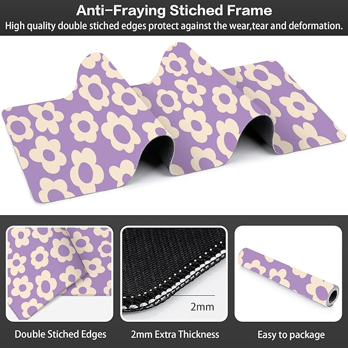 Purple Groovy Flowers Desk Mat, Large Vintage Floral Gaming Keyboard Mouse Pad - Image 3