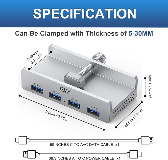 USB HUB3.0, Clamp USB HUB, Aluminum 4-Port USB Adapter - Image 4
