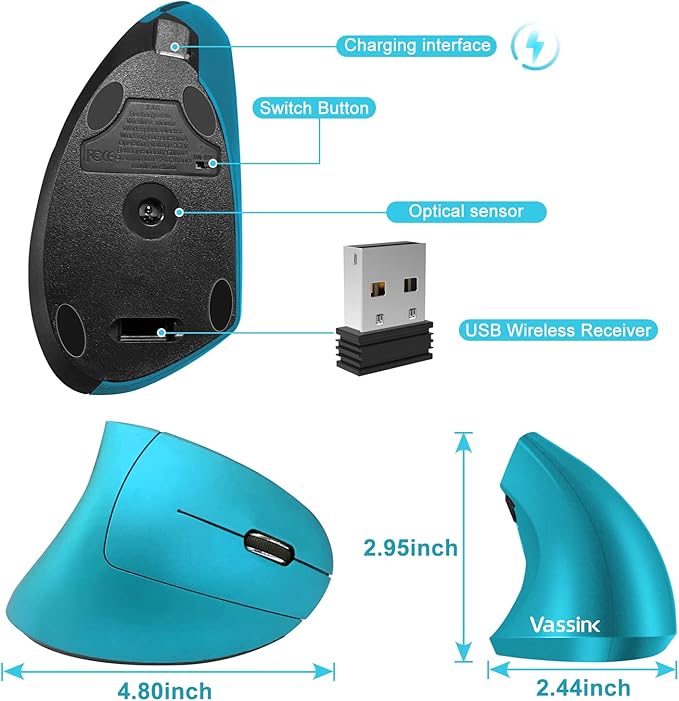 Vassink Ergonomic Wireless Mouse, Rechargeable Mouse 2.4Hz Vertical Wireless - Image 7