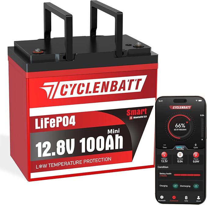 12V 100Ah Mini Bluetooth LiFePO4 Battery, 12 Volt Lithium Battery Bulit in 100A by CYCLENBATT